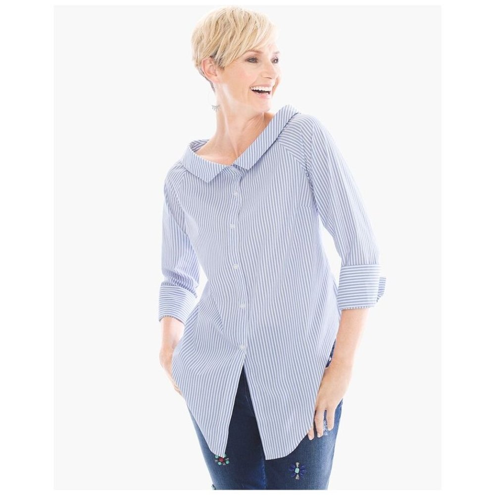 CHICO'S Panama Striped Portrait Shirt Blue White sz S/4 Women's Casual Top - Picture 10 of 14